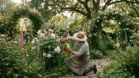 Woman in straw hat tending blooming roses in lush garden, harvesting flowers among green foliage and trees on sunny day.