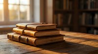 Stack of antique leather-bound books on wooden table in sunlit library with warm golden light streaming through window creating cozy reading atmosphere.
