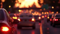 Evening traffic jam with blurred red brake lights and bokeh effect on urban road during sunset, creating atmospheric moody scene for transportation themes.