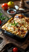 Fresh baked cannelloni pasta with melted cheese and herbs in black ceramic baking dish on rustic wooden board, surrounded by tomatoes and cooking ingredients.