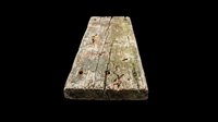 Weathered wooden plank with moss and lichen growth, isolated on transparent background. Ready for design use in t-shirts, clipart, stickers, print-on-demand products, and digital crafts.