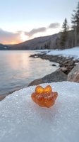 Orange gummy bear candy placed on snow against winter lake sunset backdrop, creating whimsical contrast between sweet treat and natural landscape.