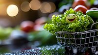 Fresh green lettuce leaf with cute smiling toy in mini shopping cart, creative food photography with bokeh lights and soft focus background.