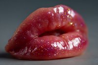Plump glossy lips with red lipstick and glitter sparkles in macro photography against blurred background. Sensual makeup close-up shot for cosmetic and beauty industry.