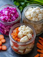 Homemade fermented vegetables in glass jars - pickled red cabbage, cauliflower, and mixed vegetables with carrots. Fresh ingredients for healthy probiotic food.