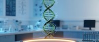 DNA double helix structure floating above glowing platform in modern laboratory setting for genetic research and biotechnology applications.