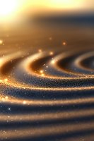 Magical golden light waves with glowing particles and sparkles swirling in dark blue background create mesmerizing abstract pattern for luxury designs.