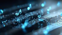 Glowing blue musical notes and staves float over dark background with bokeh light effects and shimmering particles creating magical atmosphere.