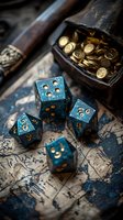 Blue marbled dice set with gold numbers on vintage treasure map beside leather pouch filled with golden coins for tabletop gaming adventures.