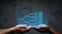 Business professional hands presenting holographic data analytics flowchart with hexagonal process steps on dark background for corporate presentations.