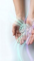 Hands holding together with glowing neon cross symbol and colorful light rays, representing faith, spirituality, unity and healing energy for religious and wellness concepts.