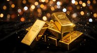 Shiny gold bars stacked on dark surface with sparkling bokeh lights background for luxury investment and wealth concept.