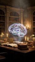 Glowing holographic brain floating above ancient books in ornate library with candlelight creating mystical atmosphere for knowledge and learning concepts.