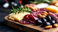 Appetizing charcuterie board with salami, cheese, black olives, almonds and fresh rosemary sprig served on rustic wooden cutting board, macro food photography.