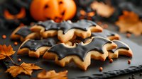 Black and orange bat-shaped sugar cookies with royal icing decoration on dark slate background with autumn leaves and Halloween pumpkin decorations for seasonal baking.