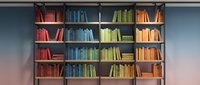Large wooden bookshelf with colorful books arranged by color creating rainbow effect for library, education, reading and knowledge concepts.