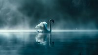 Majestic white swan gliding on misty lake at dawn, creating mirror reflection in turquoise water amid ethereal foggy atmosphere.