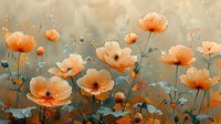 Dreamy peach poppies in soft morning light against misty gray background, delicate petals and stems create ethereal garden atmosphere for nature photography.