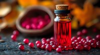 Fresh cranberry essential oil in glass bottle with cork stopper, surrounded by raw berries on dark background with selective focus and soft bokeh.