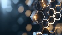 Glowing hexagonal shapes form abstract technological pattern with golden light effects against dark background, creating modern scientific visualization.