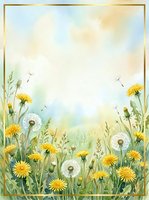 Watercolor dandelion meadow with golden frame, yellow blooms and fluffy seed heads on soft pastel sky background, copy space for greeting cards.