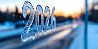 Frosted number 2026 against blurred winter sunset background with snow and bokeh lights creates seasonal New Year atmosphere for holiday designs.
