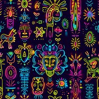 Vibrant neon tribal masks and mystical symbols seamless pattern perfect for festival merchandise, party decorations, and modern bohemian designs on dark background.