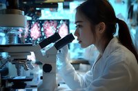 Young Asian female scientist examining samples through microscope in modern laboratory conducting medical research and scientific analysis.