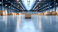 Single cardboard box on clean warehouse floor with blurred storage facility background and dramatic lighting perspective. Logistics and distribution concept.