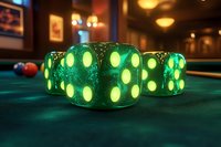 Glowing green dice with yellow dots on billiard table in bar setting, perfect for gaming, entertainment, and leisure concepts.