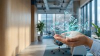 Business professional hand displaying holographic digital technology icons in modern office environment for innovation and connectivity concepts.