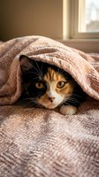 Adorable calico cat hiding under cozy knitted blanket on bed with warm sunlight streaming through window creating peaceful domestic scene.