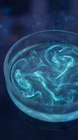 Glowing turquoise liquid swirls in glass petri dish with luminescent particles creating mystical cosmic patterns for scientific research and laboratory concepts.