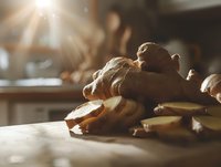 Fresh ginger root sliced on wooden cutting board in warm sunlight through window, creating cozy kitchen atmosphere with natural golden glow.