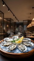 Fresh oysters on ice platter with lemon and herbs in upscale restaurant setting with track lighting and modern glass partitions for fine dining menu.