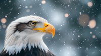 Majestic bald eagle head close-up portrait with piercing yellow eyes against snowy winter background with bokeh lights and falling snowflakes.