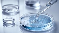 Laboratory petri dish with blue liquid and pipette dropping solution for scientific research and medical testing in modern clinical laboratory setting.