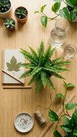 Flat lay of green houseplants, fern, succulents, notebook, twine, ruler, and glasses on a wooden surface for home decor or lifestyle.