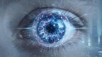 Futuristic digital eye with glowing blue iris and technological interface overlay for cybersecurity and artificial intelligence concepts.