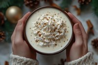 Cozy hands holding hot eggnog drink topped with whipped cream and nutmeg powder, surrounded by pine cones and Christmas decorations in warm winter setting.