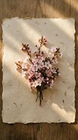 Pink cherry blossom bouquet on handmade paper with natural sunlight shadows over rustic wood background for spring greeting cards and botanical designs.