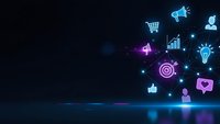 Digital marketing icons floating with neon glow effects on dark blue background for business technology and social media campaigns.