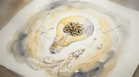 Creative lightbulb with gears inside surrounded by swirling energy and rocket ship representing innovation, brainstorming and business ideas for startup projects.