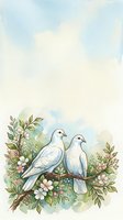 Two white doves perched on a flowering branch surrounded by delicate blossoms and foliage. Watercolor illustration with soft pastel tones, ideal for wedding invitations and greeting cards.