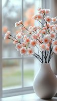 Delicate pink cherry blossoms in white ceramic vase on windowsill with soft natural light creating peaceful spring atmosphere for home decor and interior design.