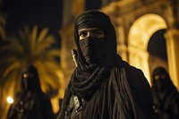 Middle Eastern woman wearing traditional black niqab and abaya standing in front of illuminated historic architecture at night, with palm trees and arches visible in background.