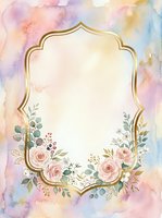 Ornate gold frame with soft watercolor background featuring pink roses, eucalyptus leaves, and delicate florals. Isolated design on white space, ready for invitations, greeting cards, and wedding stationery projects.