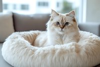 Adorable cream colored ragdoll cat with blue eyes resting comfortably in round plush pet bed against bright interior background. Fluffy feline companion at home.