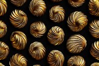 Golden spiral shells pattern on black background for luxury design projects and decorative applications.