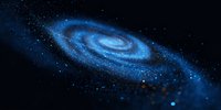 Spiral galaxy in deep space with glowing blue arms rotating against dark cosmic background, surrounded by scattered stars and cosmic dust.